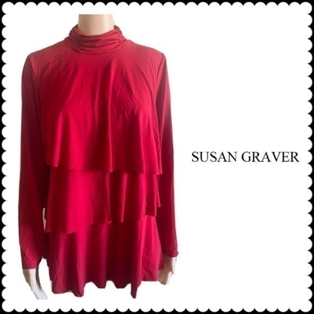 Susan Graver Women’s Medium Red Ruffle Layered V Neck Dressy Liquid Knit Blouse